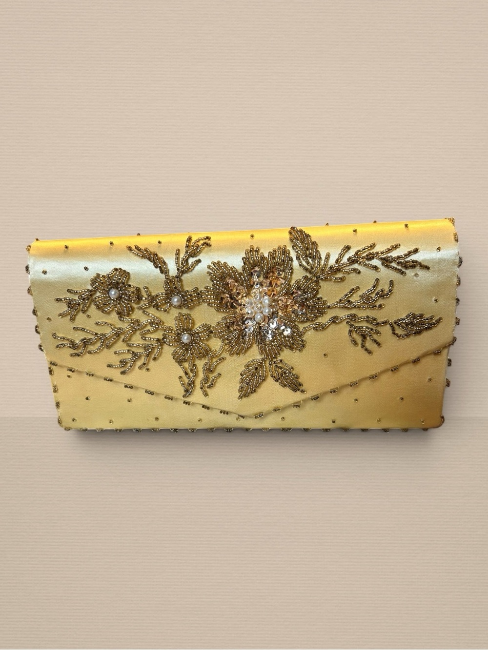 Vintage Hong Kong Gold Satin Beaded Floral Evening Clutch Purse Romantic Elegant